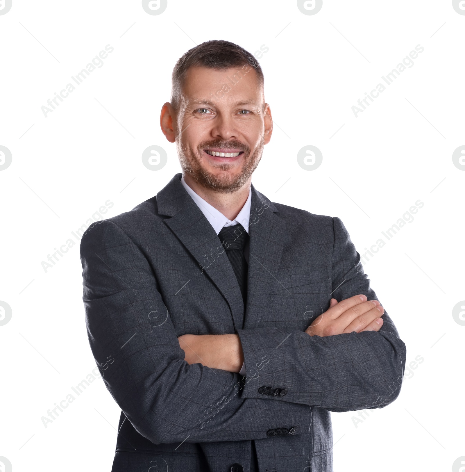 Photo of Portrait of banker with crossed arms on white background