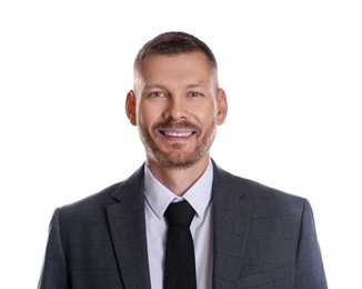 Photo of Portrait of happy banker on white background