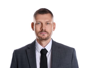 Photo of Portrait of banker in jacket on white background