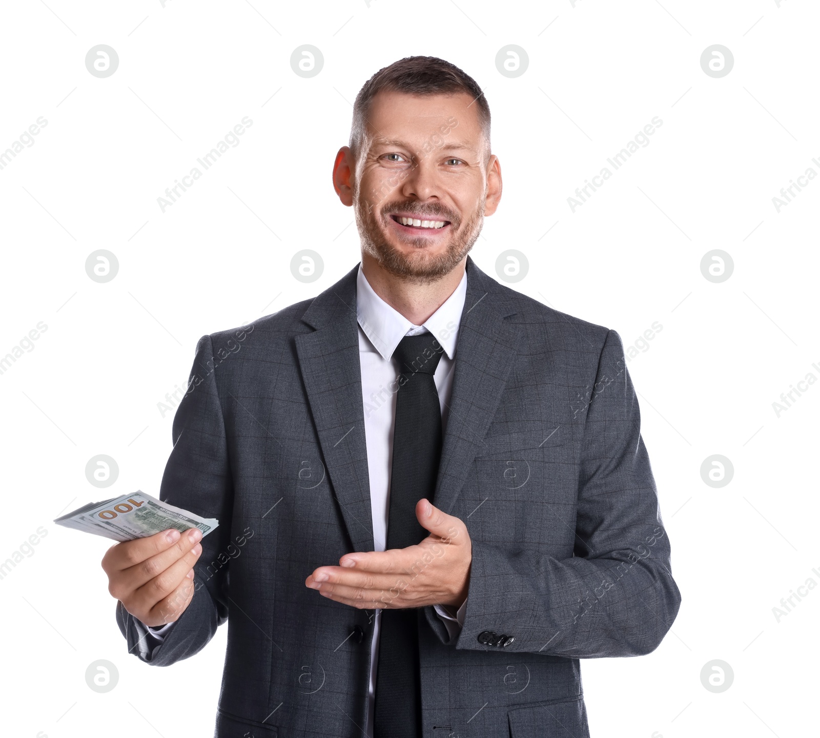 Photo of Banker with dollar banknotes on white background