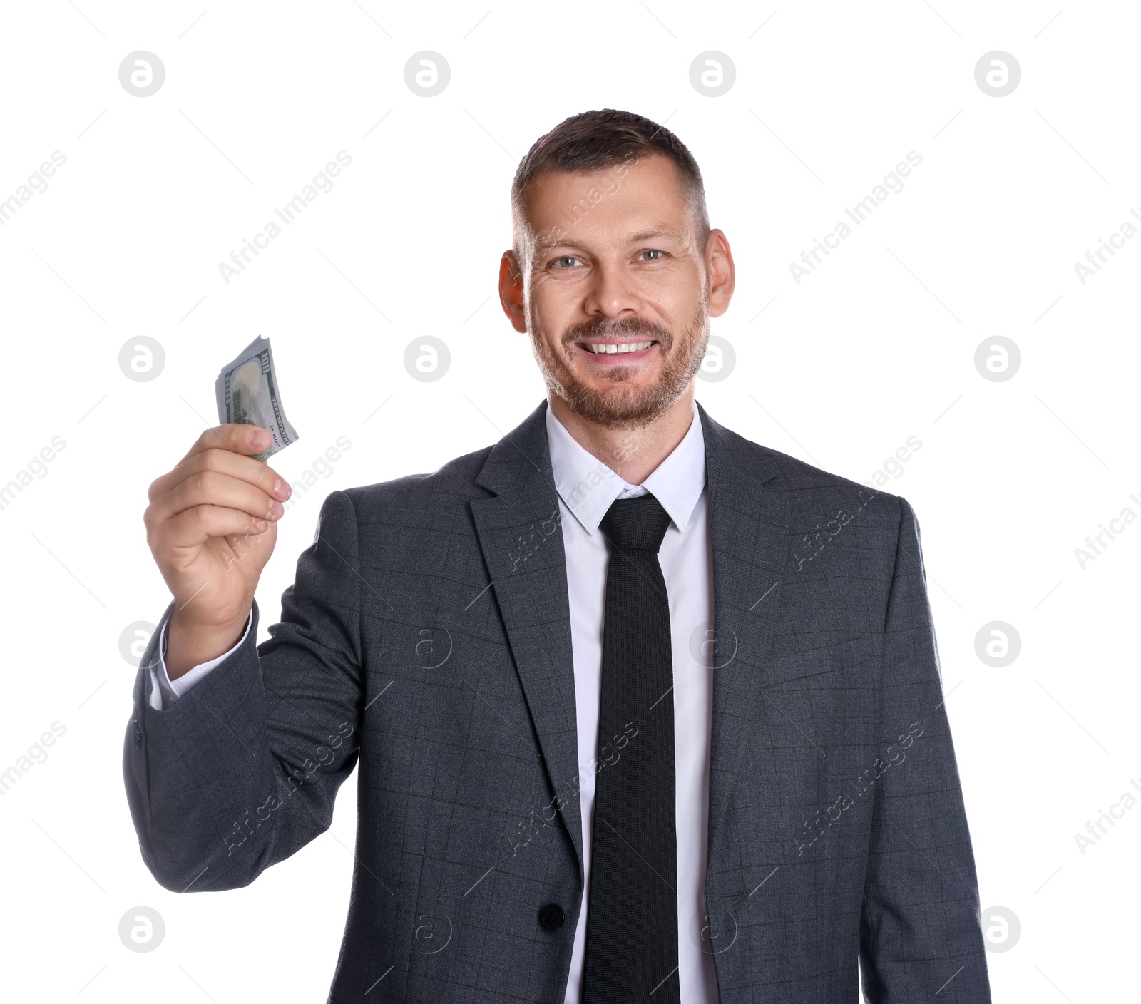 Photo of Banker with dollar banknotes on white background