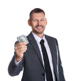 Banker with dollar banknotes on white background