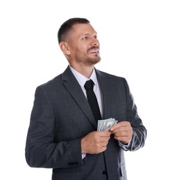 Photo of Banker with dollar banknotes on white background