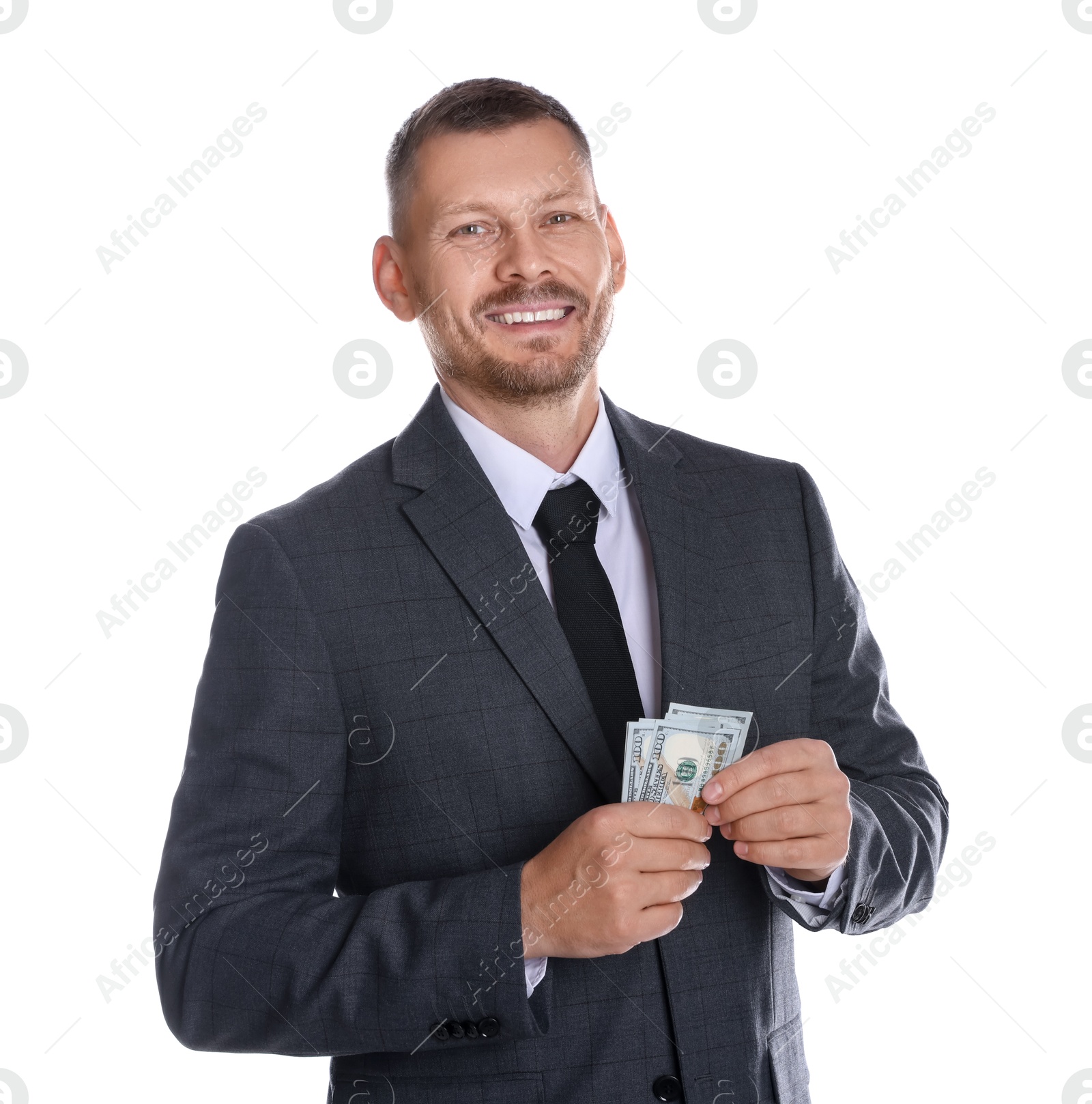 Photo of Banker with dollar banknotes on white background