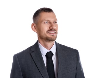 Portrait of happy banker on white background