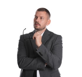 Portrait of banker with glasses on white background