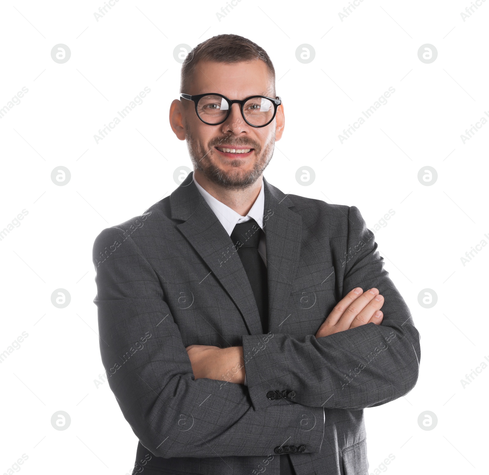 Photo of Portrait of banker in glasses with crossed arms on white background