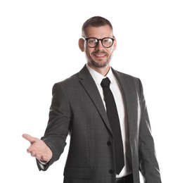 Portrait of banker in glasses on white background