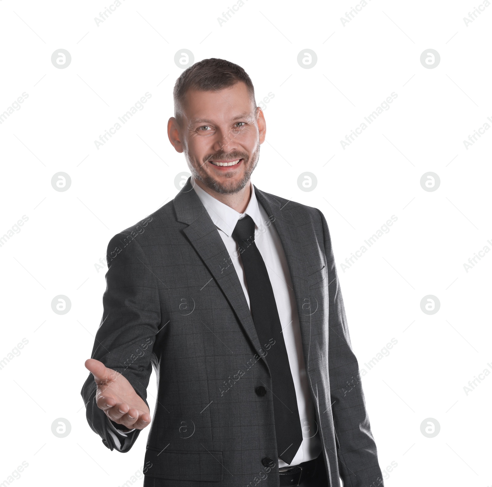 Photo of Portrait of happy banker on white background