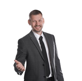 Photo of Portrait of happy banker on white background