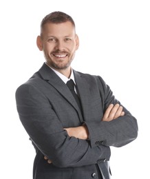 Portrait of banker with crossed arms on white background