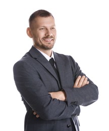 Photo of Portrait of banker with crossed arms on white background