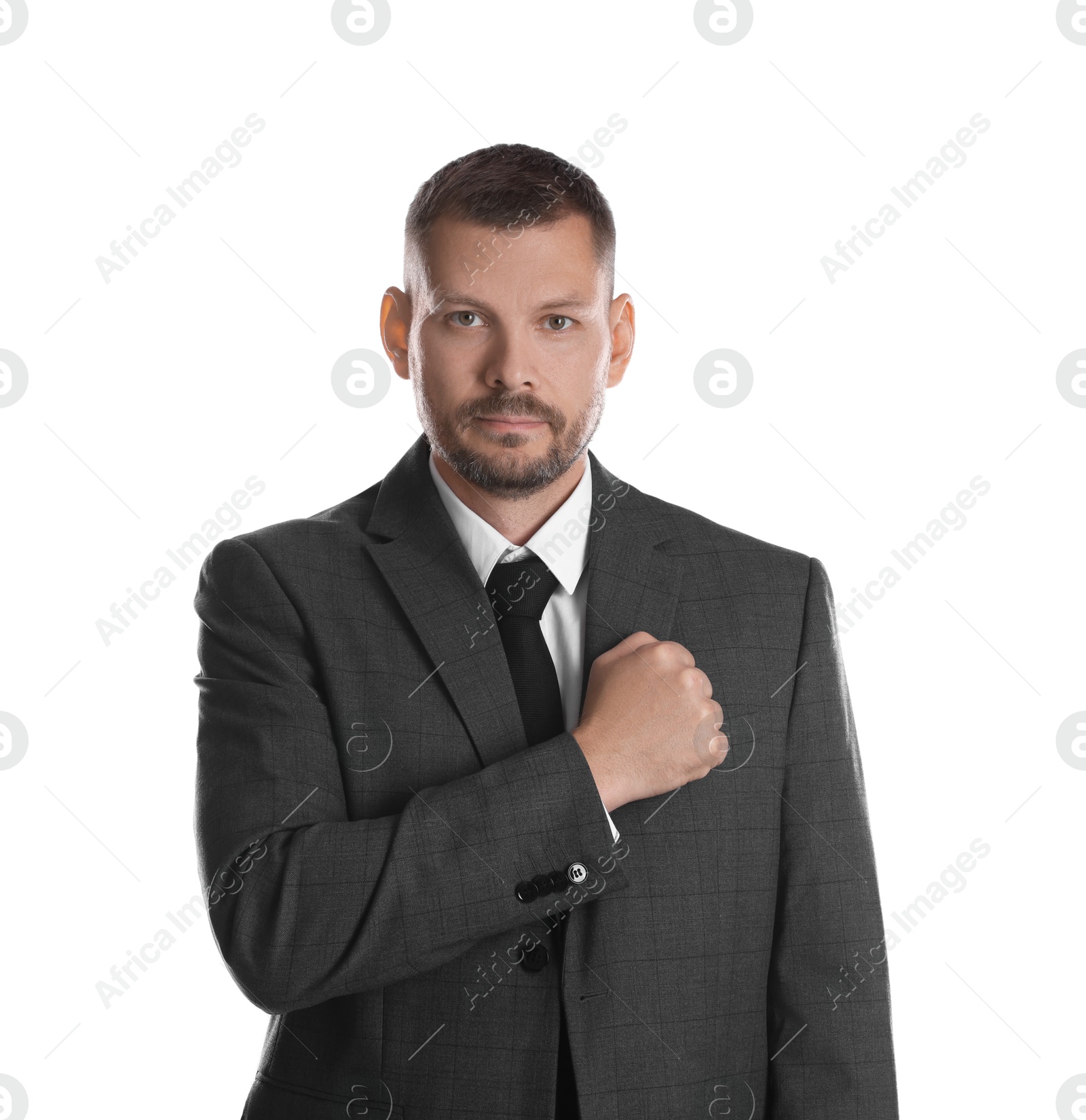 Photo of Man making promise on white background. Oath gesture