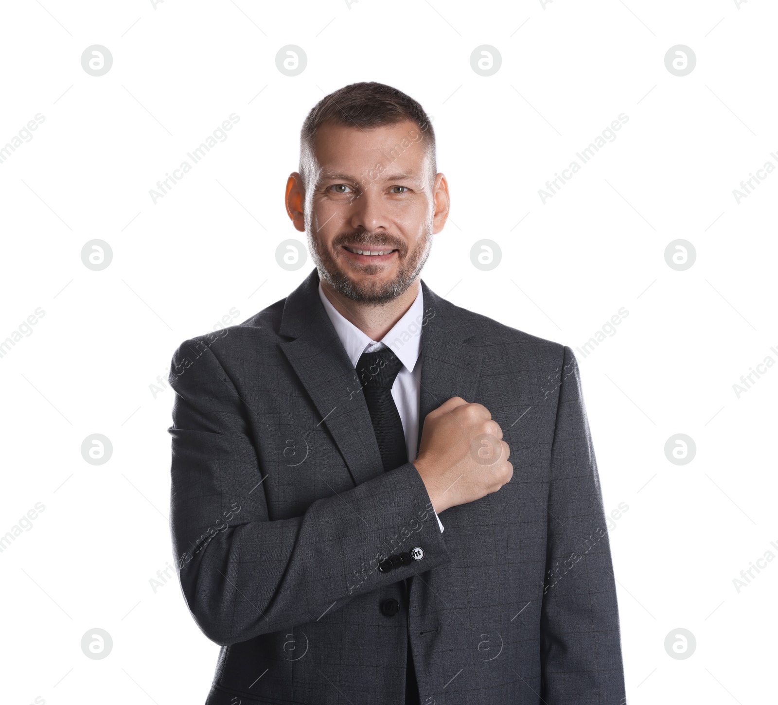 Photo of Man making promise on white background. Oath gesture