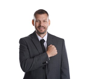 Photo of Man making promise on white background. Oath gesture