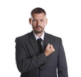 Photo of Man making promise on white background. Oath gesture