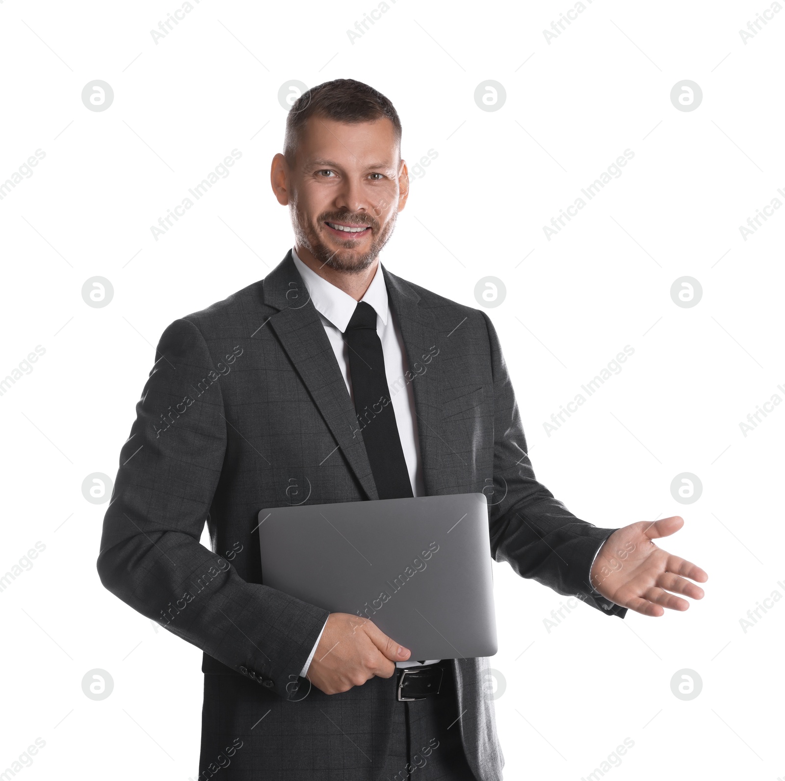 Photo of Portrait of banker with laptop on white background