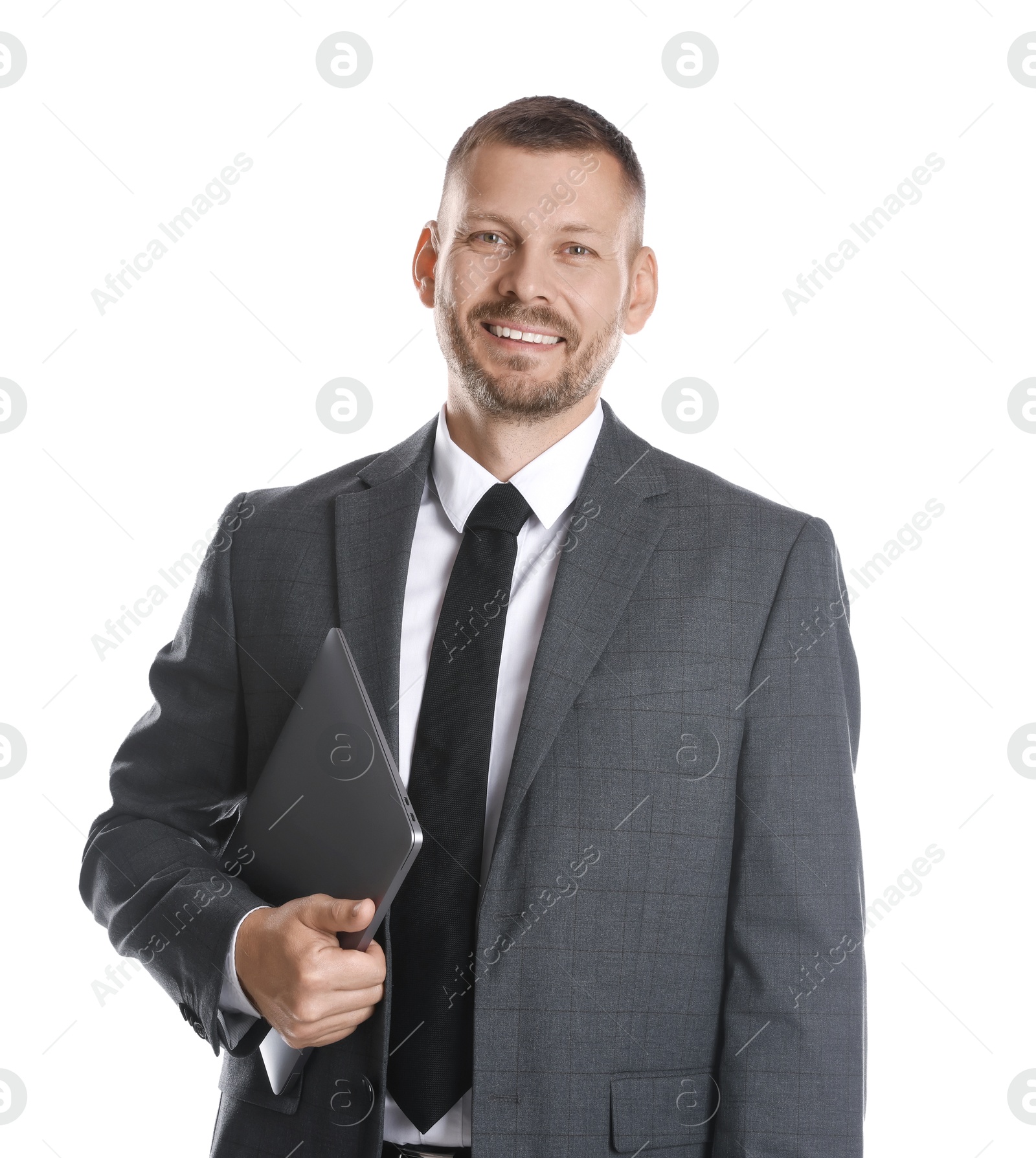 Photo of Portrait of banker with laptop on white background