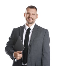 Portrait of banker with laptop on white background