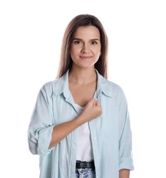 Photo of Woman making promise on white background. Oath gesture