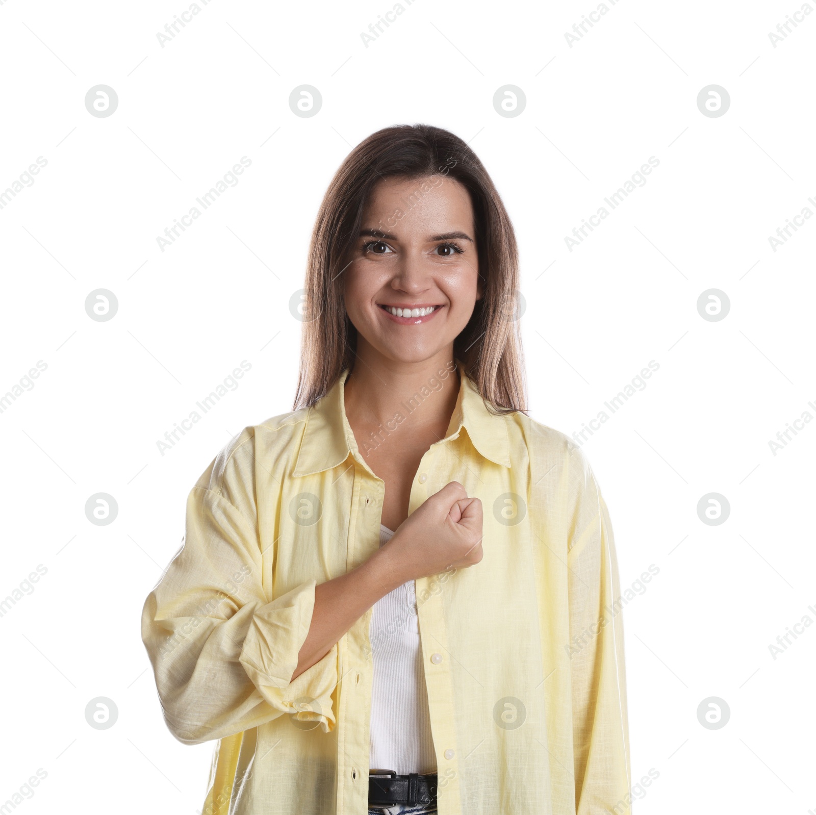 Photo of Woman making promise on white background. Oath gesture