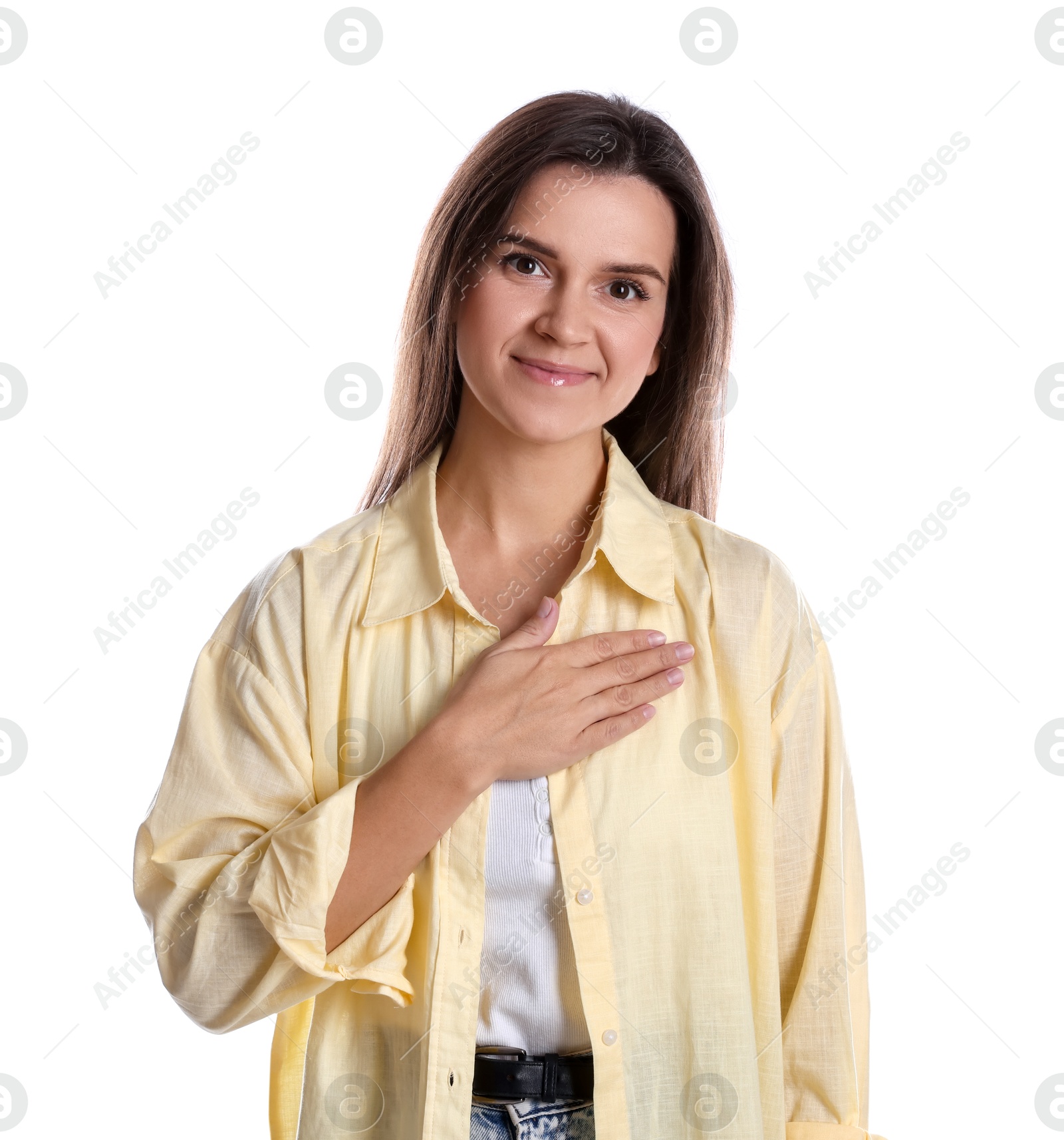 Photo of Woman making promise on white background. Oath gesture