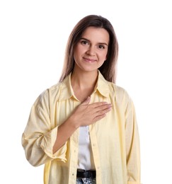 Photo of Woman making promise on white background. Oath gesture