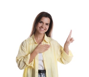 Photo of Woman showing oath gesture on white background. Making promise