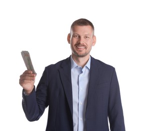 Banker with dollar banknotes on white background