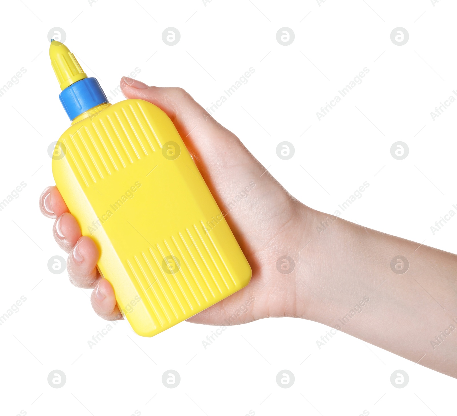 Photo of Woman with bottle of glue on white background, closeup