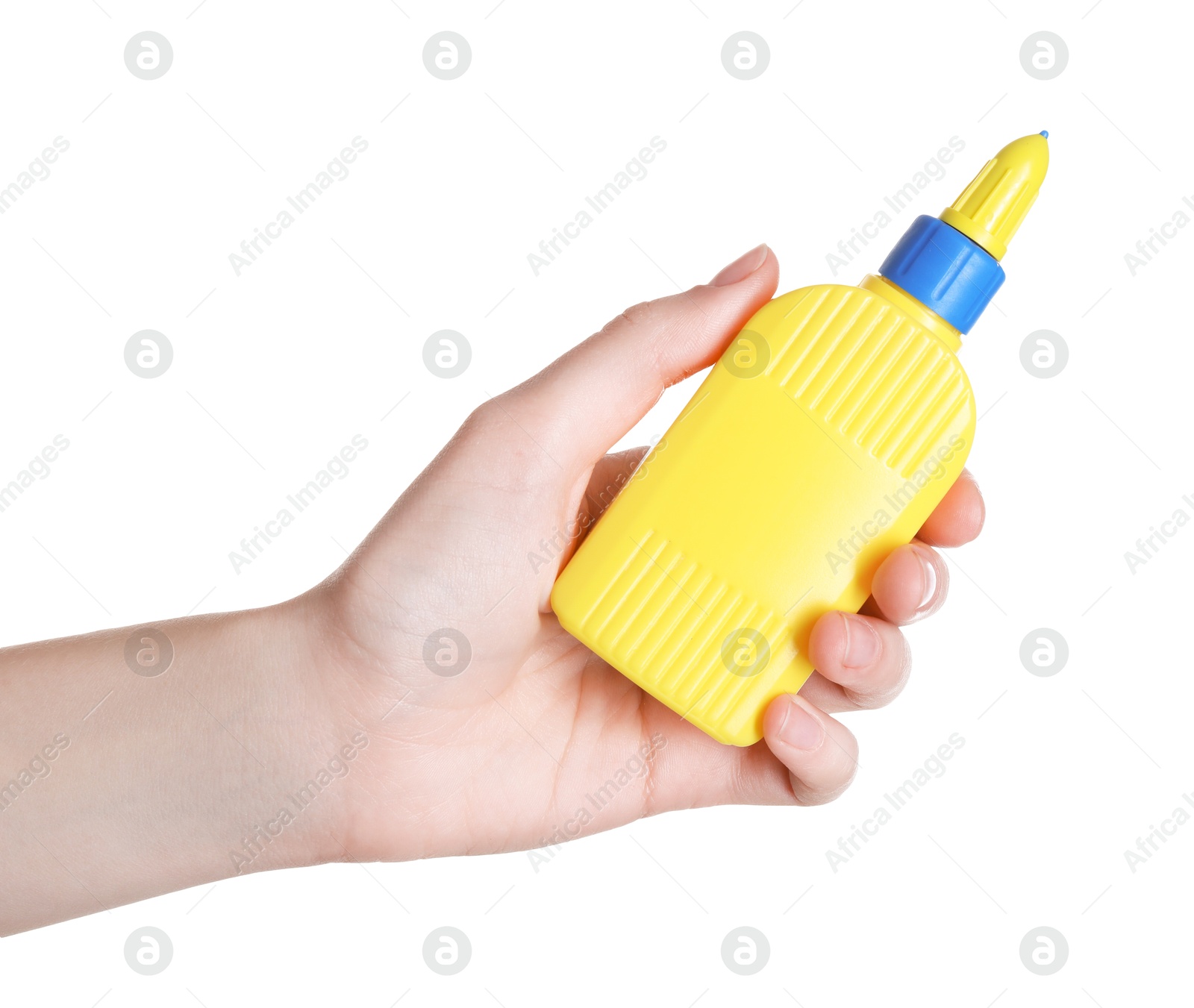 Photo of Woman with bottle of glue on white background, closeup