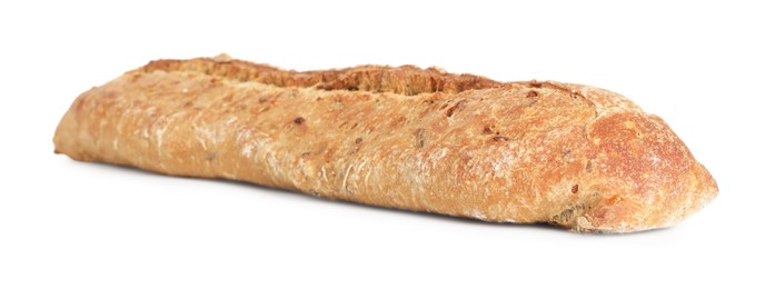 One freshly baked baguette isolated on white