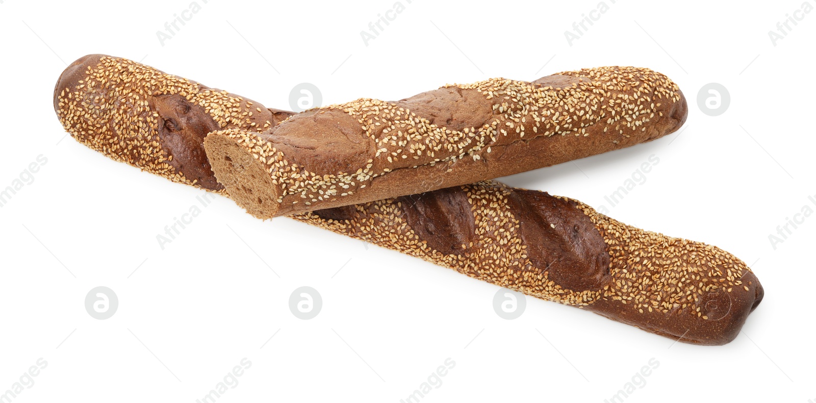 Photo of Fresh baguettes with sesame isolated on white, top view