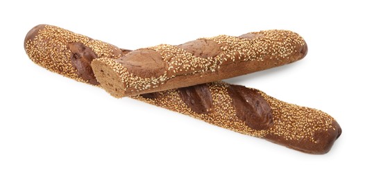 Photo of Fresh baguettes with sesame isolated on white, top view