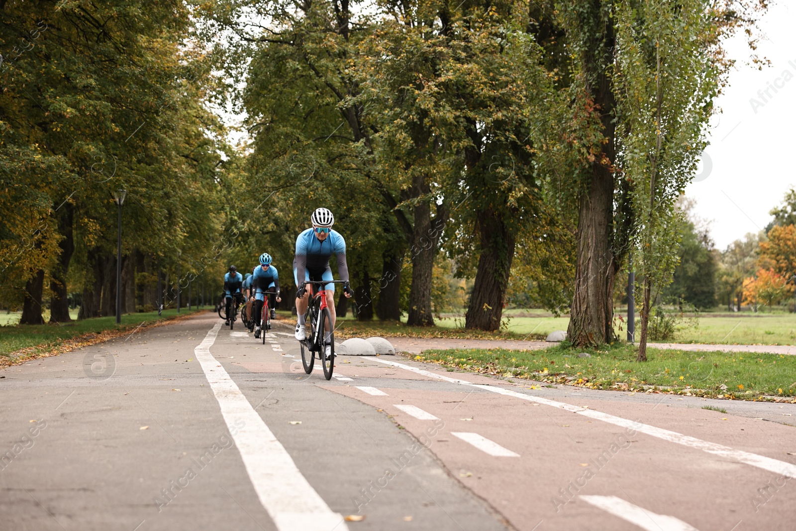 Photo of Group of athletic people riding bicycles outdoors