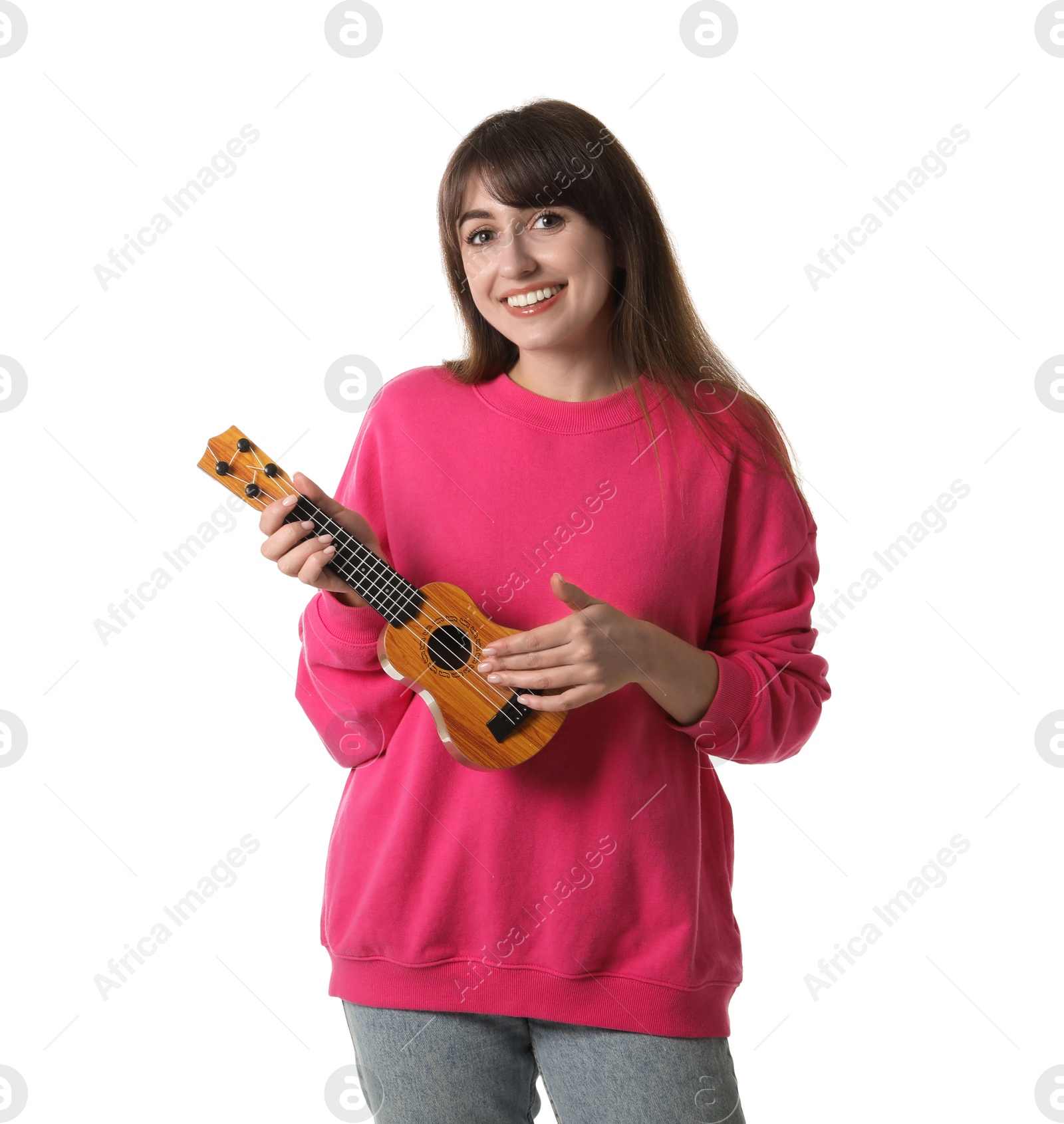 Photo of Happy woman playing ukulele on white background