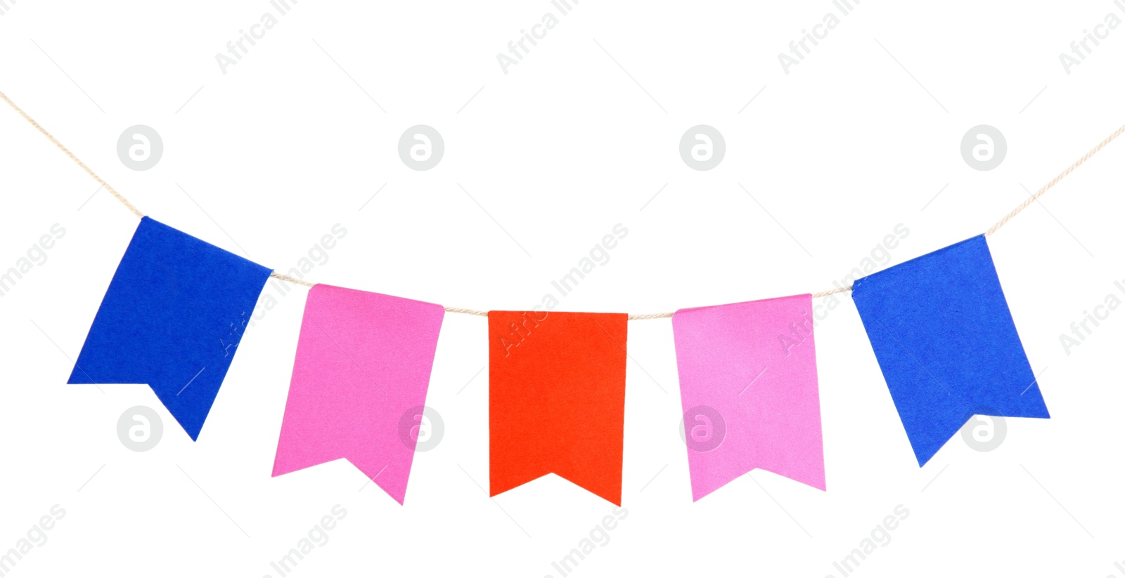 Photo of Colorful party flags isolated on white. Festive decor