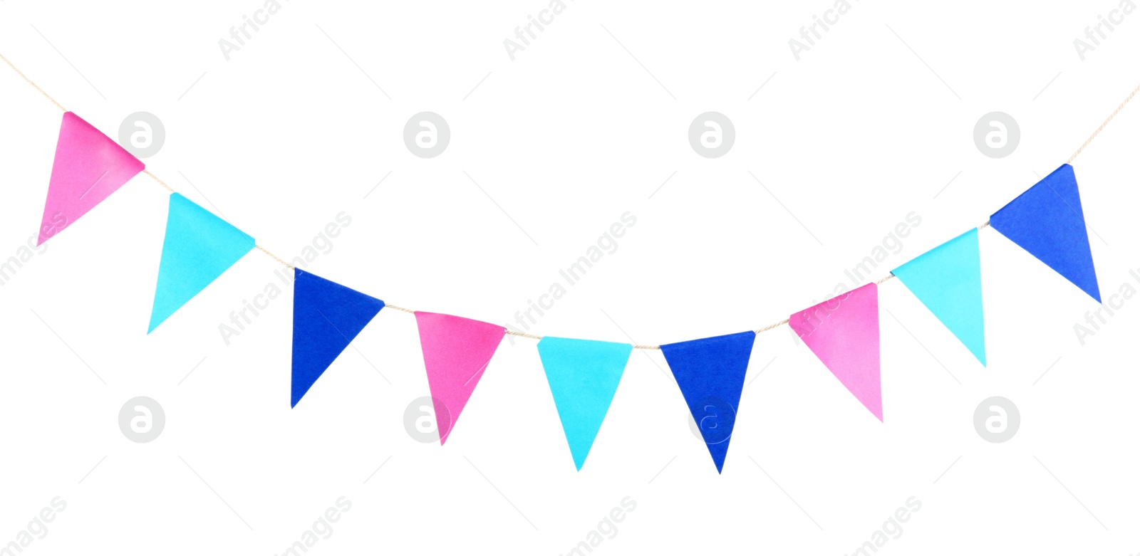 Colorful party flags isolated on white. Festive decor Photo of Colorful party flags isolated on white. Festive decor