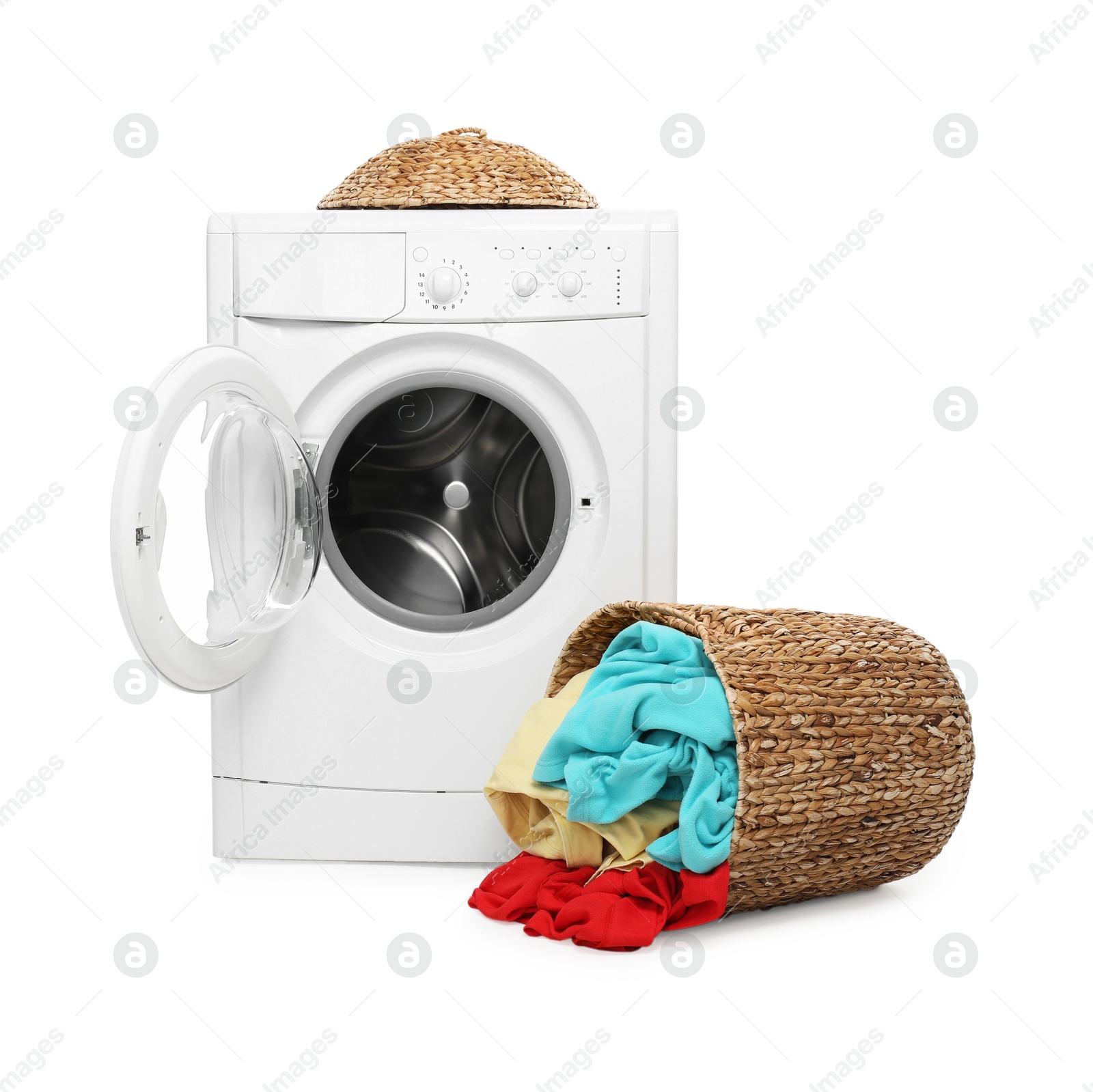 Photo of Modern washing machine and laundry basket isolated on white