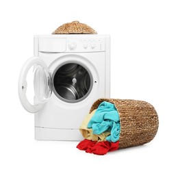 Photo of Modern washing machine and laundry basket isolated on white