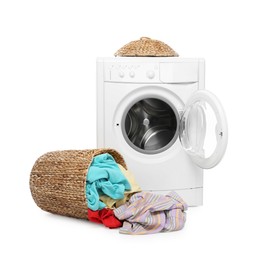 Photo of Modern washing machine and laundry basket isolated on white