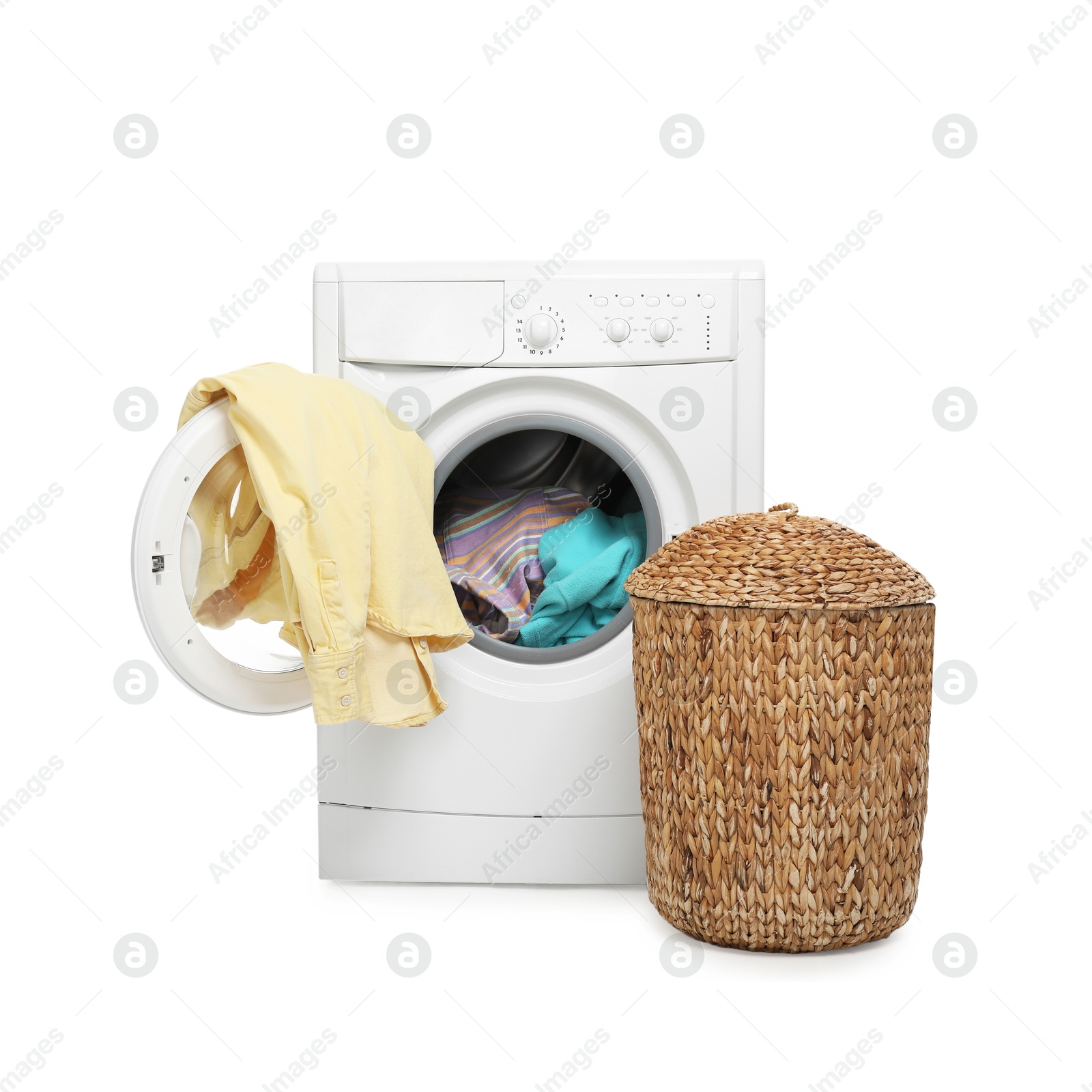 Photo of Modern washing machine and laundry basket isolated on white