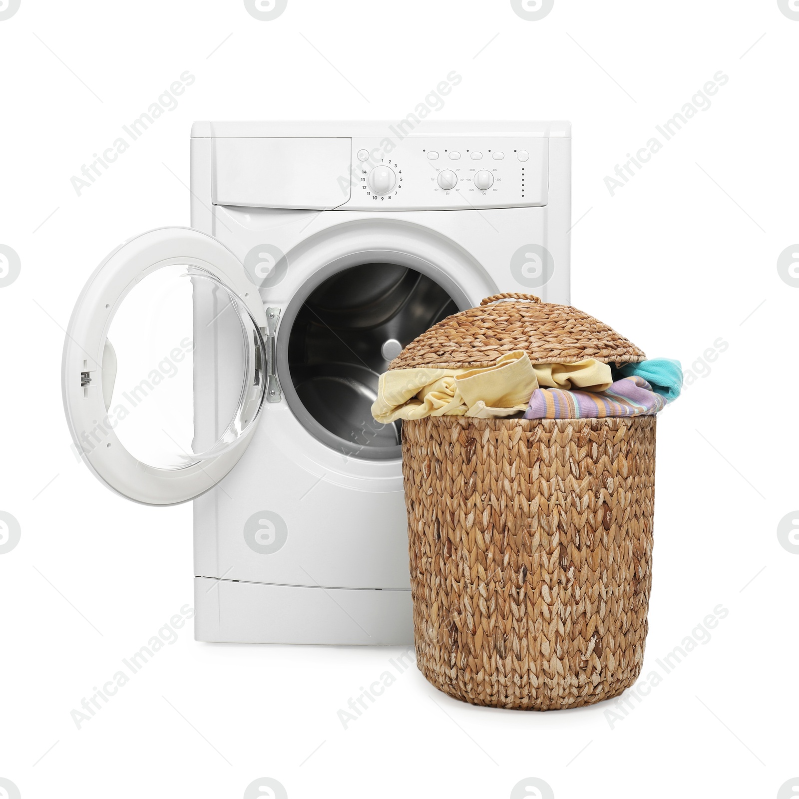 Photo of Modern washing machine and laundry basket isolated on white