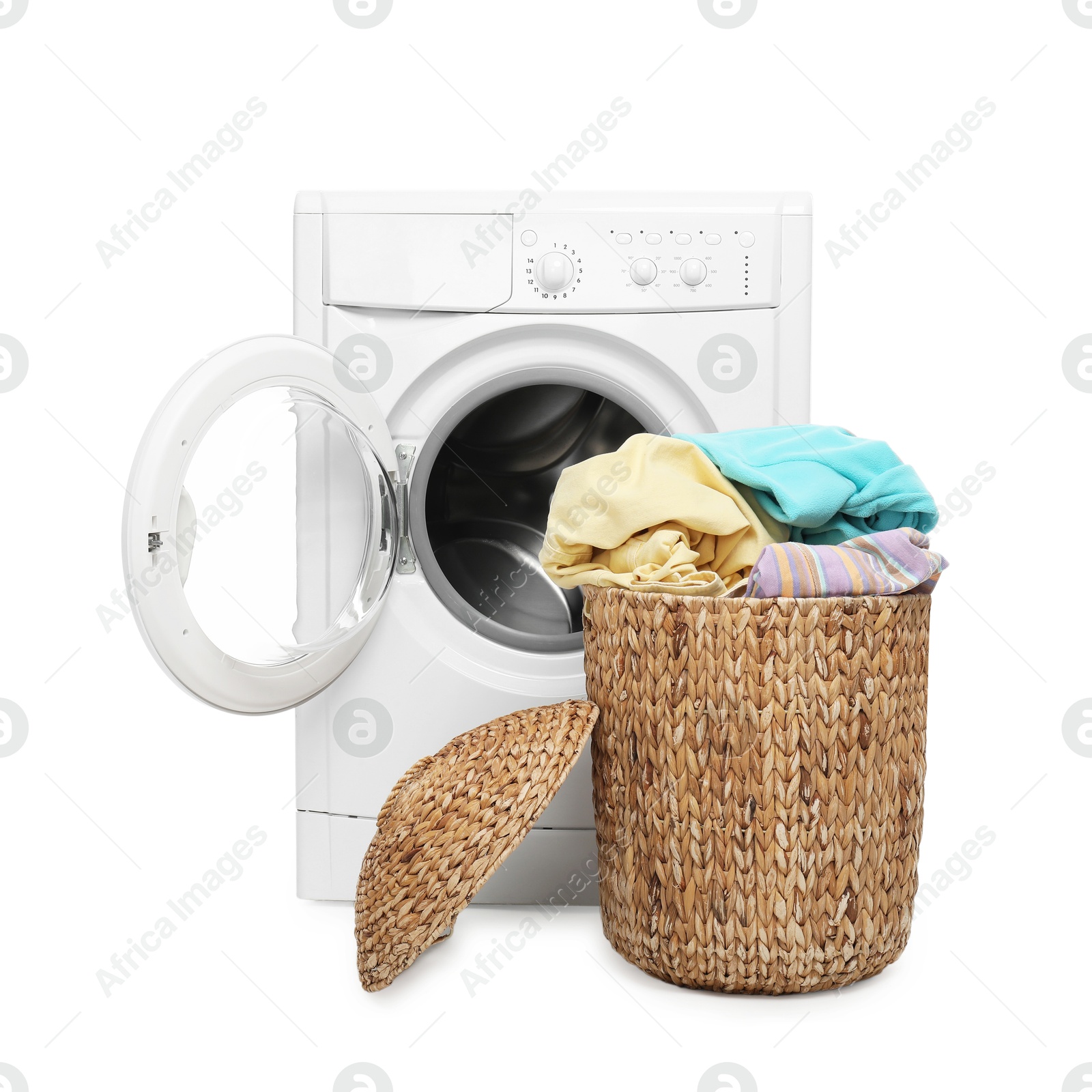 Photo of Modern washing machine and laundry basket isolated on white