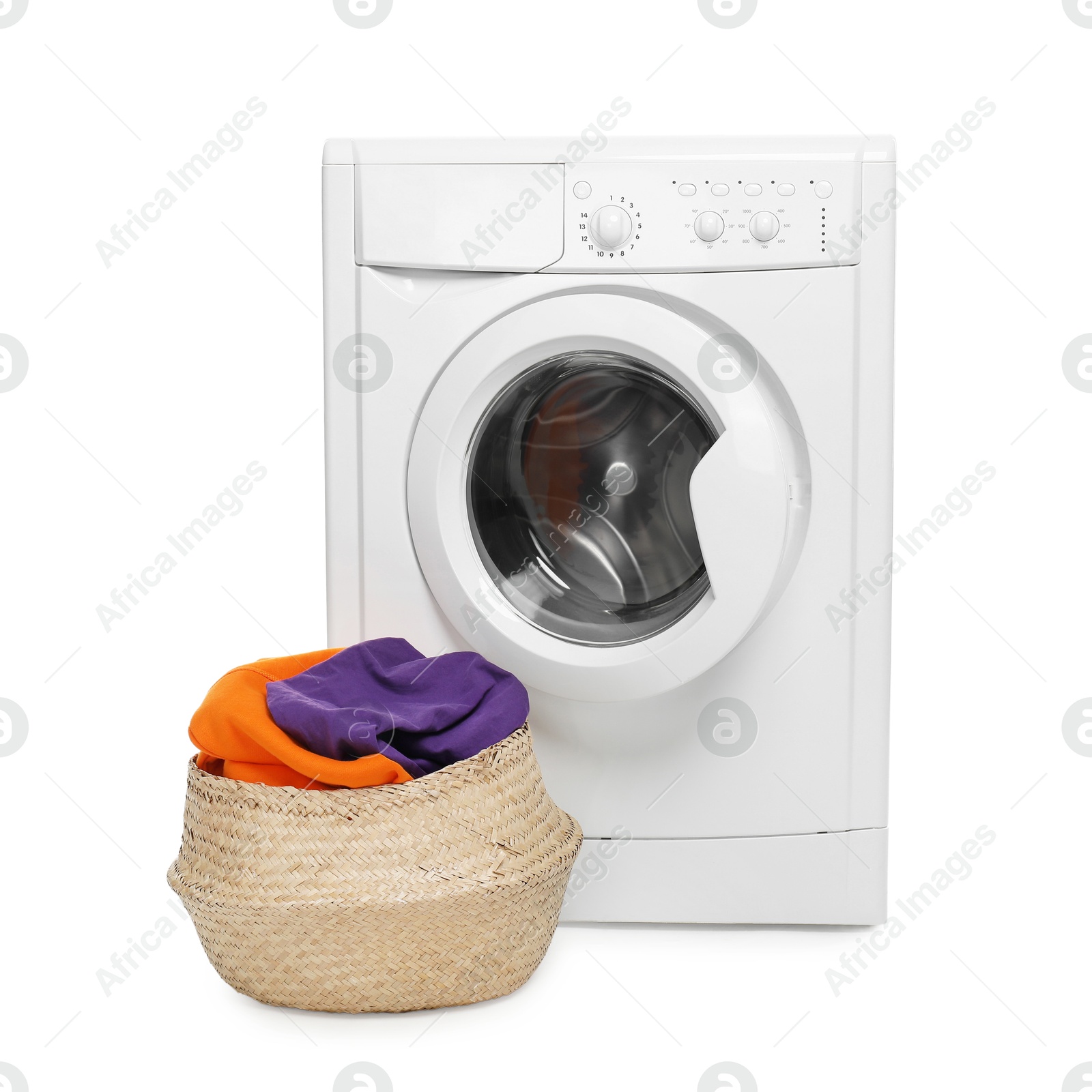 Photo of Modern washing machine and laundry basket isolated on white