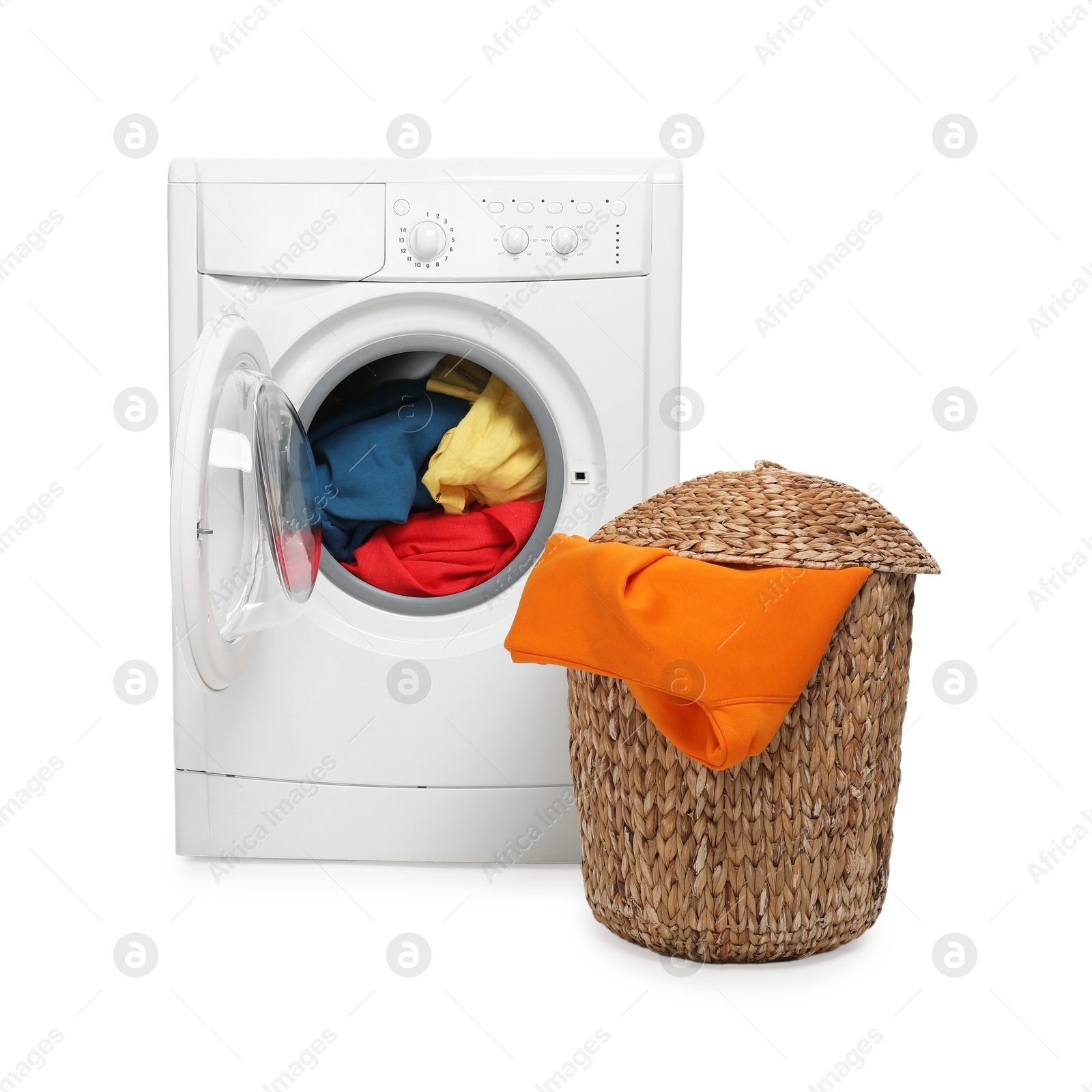 Photo of Modern washing machine and laundry basket isolated on white