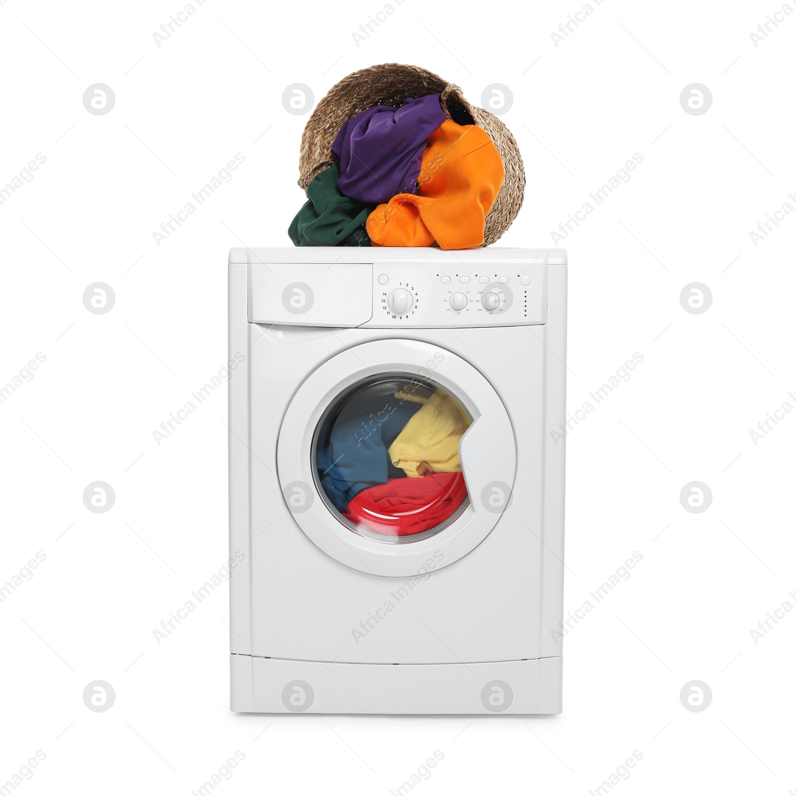 Photo of Modern washing machine and laundry basket isolated on white