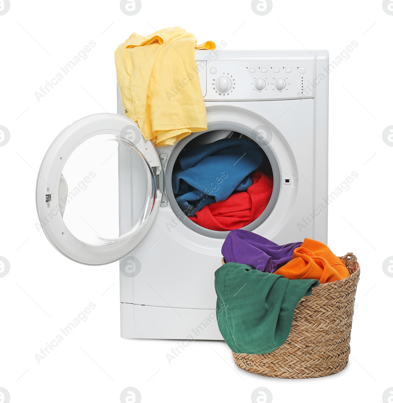 Photo of Modern washing machine and laundry basket isolated on white