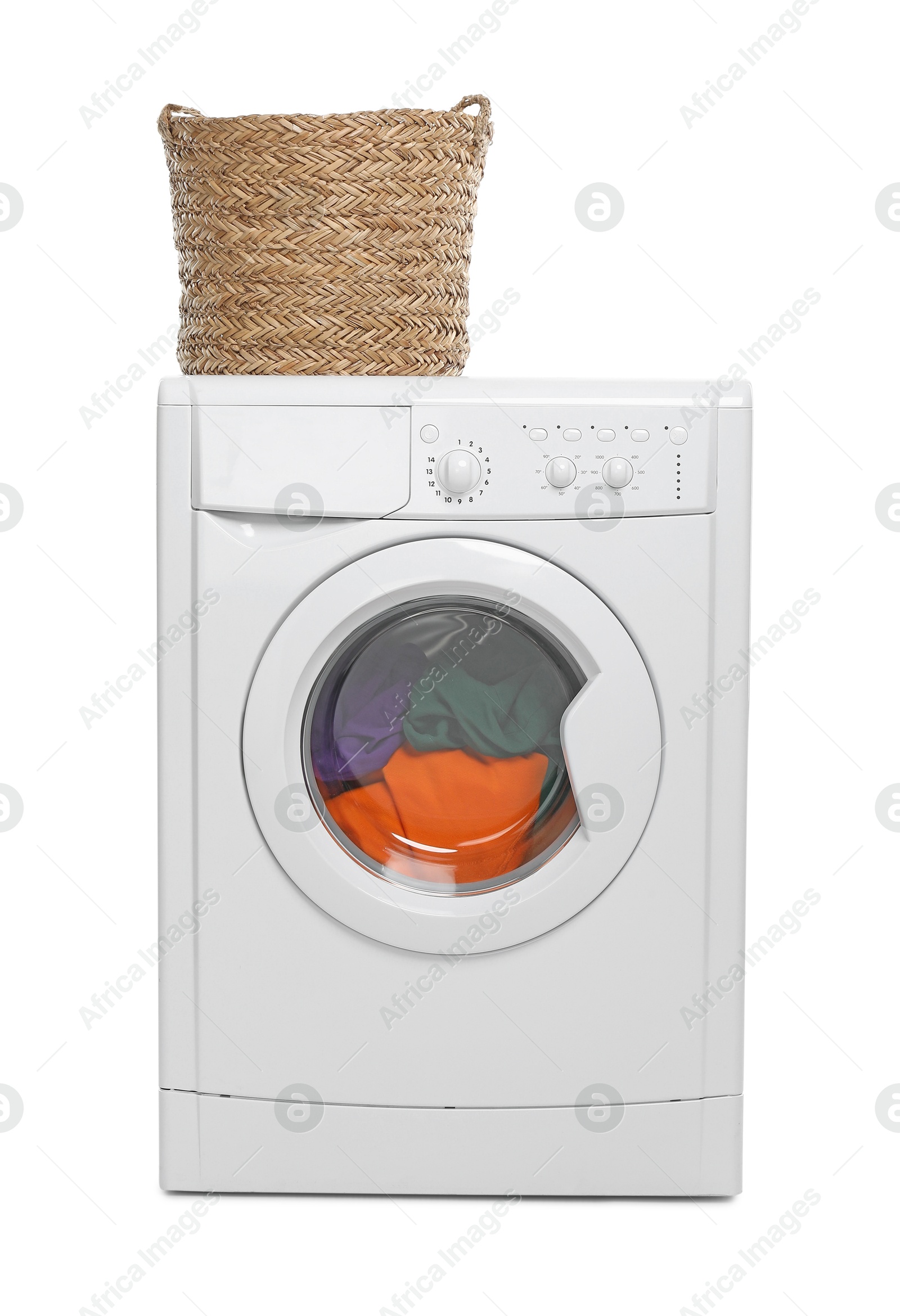 Photo of Modern washing machine and laundry basket isolated on white