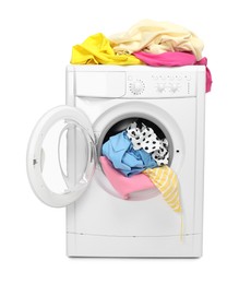 Photo of Washing machine full of colorful clothes isolated on white